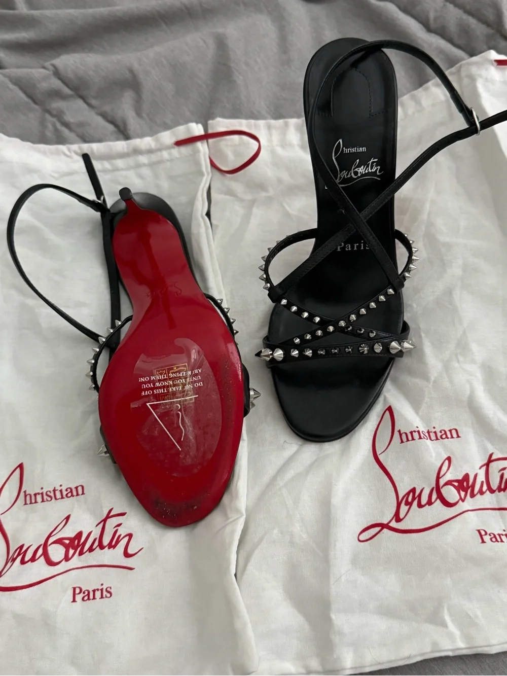 Christian Louboutin Black Studded Strappy Sandals with Red Sole